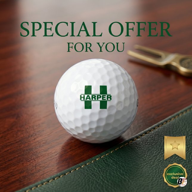 Classic Green Monogram & Custom Name Golf Balls (#golfseason)