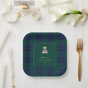 Classic Green Navy Plaid Bear Baby Shower  Paper Plates
