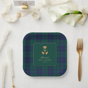 Classic Green Navy Plaid Bear Baby Shower Paper Plates