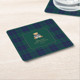 Classic Green Navy Plaid Bear Baby Shower Square Paper Coaster
