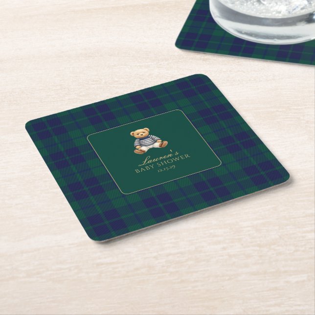 Classic Green Navy Plaid Bear Baby Shower  Square Paper Coaster (Angled)