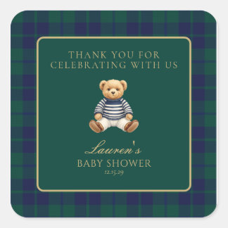 Classic Green Navy Plaid Bear Baby Shower Square Sticker