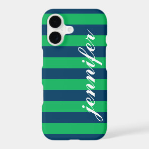 Classic Green Navy Striped Monogram iPhone 17 Case