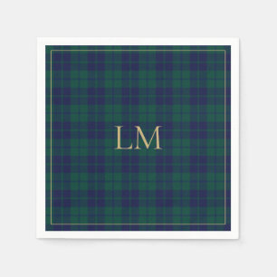 Classic Green Navy Tartan Plaid Gold Monogram Napkins