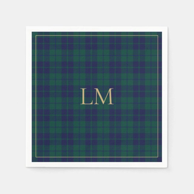 Classic Green Navy Tartan Plaid Gold Monogram Napkins (Front)