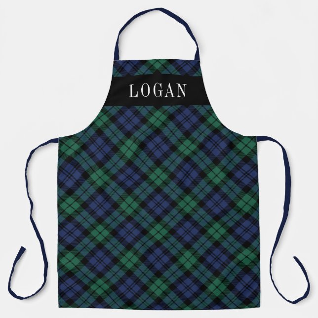 Classic Green Navy Tartan Plaid Monogram Apron (Front)