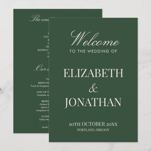 Classic Green Old Money Elegant Modern Wedding Program (Front/Back)