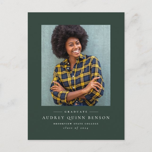 Classic green photo graduation invitation postcard (Front)