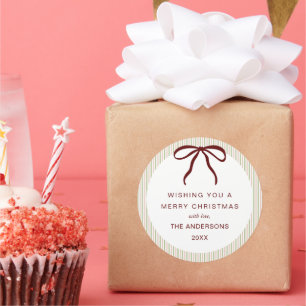 Classic Green Pink Stripes Red Bow Merry Christmas Classic Round Sticker