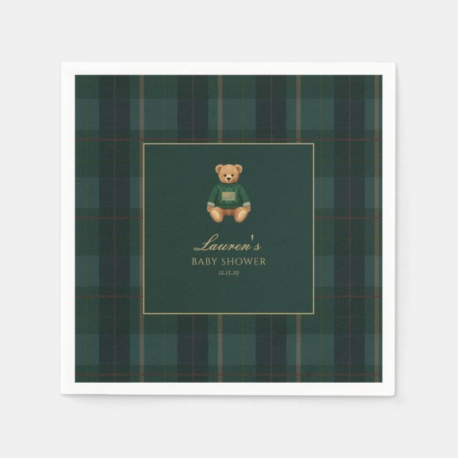 Classic Green Plaid Bear Baby Shower  Napkins (Front)