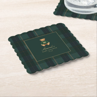 Classic Green Plaid Bear Baby Shower  Paper Coaster