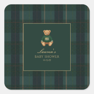 Classic Green Plaid Bear Baby Shower  Square Sticker