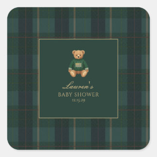 Classic Green Plaid Bear Baby Shower Square Sticker