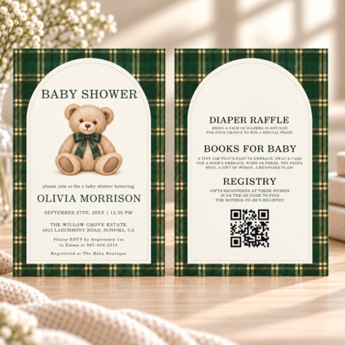 Teddy Bear Green Gingham or plaid baby shower invitation