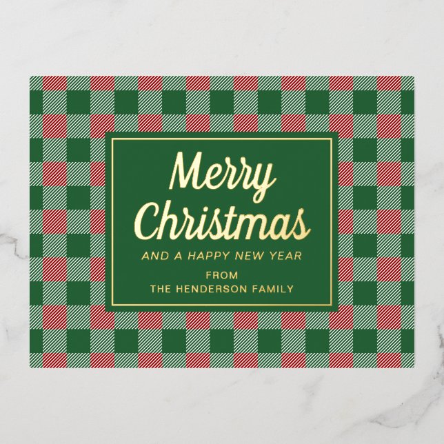 Classic Green Plaid Christmas Gold Foil Holiday Postcard (Front)
