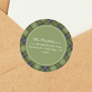 Classic Green Plaid Christmas Return Address Classic Round Sticker