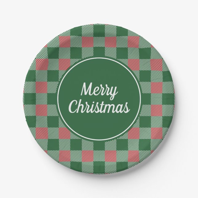 Classic Green Plaid Merry Christmas Paper Plates (Front)