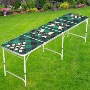 Classic Green Plaid Monogram & Name Overlay Beer Pong Table