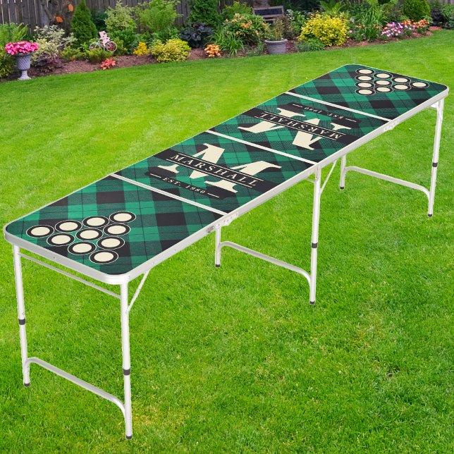Classic Green Plaid Monogram & Name Overlay Beer Pong Table (Creator Uploaded)