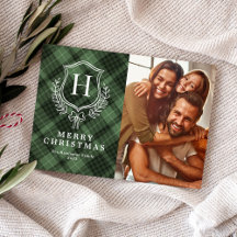 Classic Green Plaid Monogram Photo Christmas