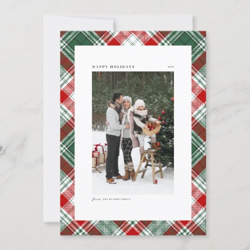 Classic Green Plaid Pattern Happy Holidays Photo