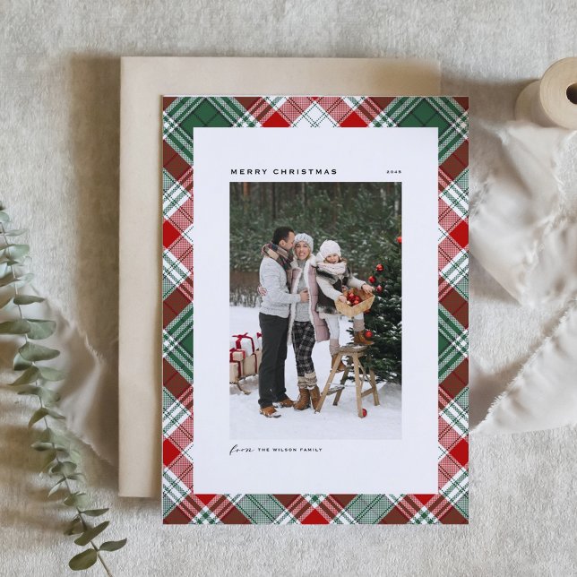 Classic Green Plaid Pattern Merry Christmas Photo Holiday Card (Classic Green and Red Plaid Pattern Merry Christmas Photo Holiday Card)