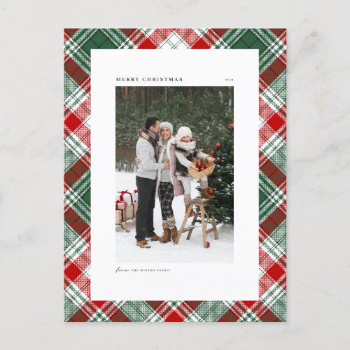 Classic Green Plaid Pattern Merry Christmas Photo Holiday Postcard