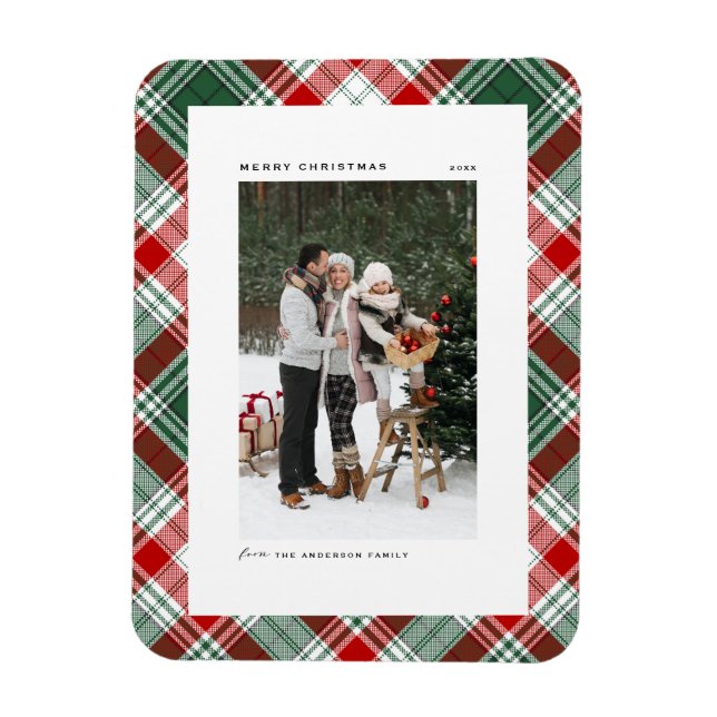 Classic Green Plaid Pattern Merry Christmas Photo Magnet (Vertical)