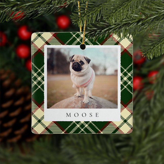 Classic Green Plaid Personalized Pet Dog Photo Ceramic Ornament (Creator Uploaded)