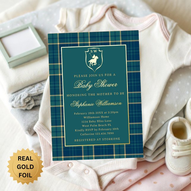 Classic Green Plaid Polo Equestrian Baby Shower Foil Invitation (Creator Uploaded)