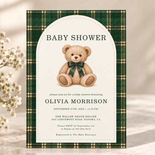 Teddy Bear Green Gingham or plaid baby shower invitation