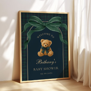 Classic Green Plaid Teddy Bear Baby Shower Welcome Poster