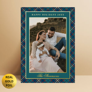 Classic Green Plaid Vintage Wreath One Photo Foil Holiday Card