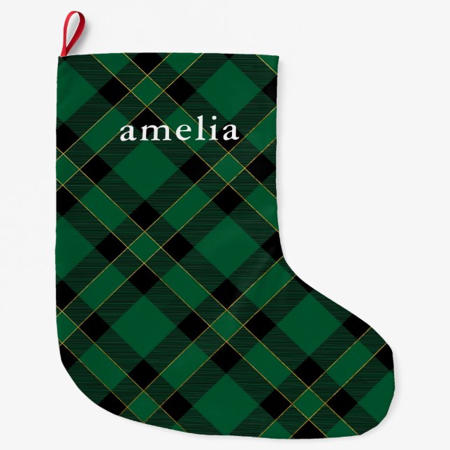 Classic Green Plaid with Name Holiday Large Christmas Stocking (Front)