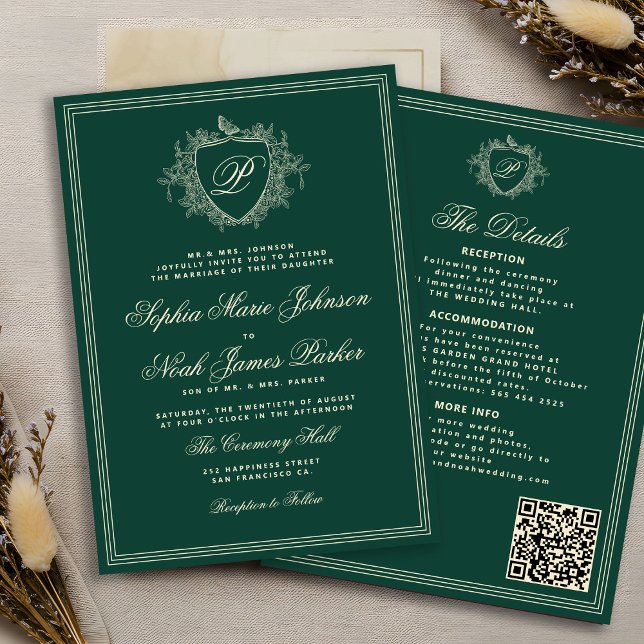 Classic green QR code formal monogram wedding  Invitation (Creator Uploaded)