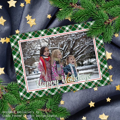 Classic Green Red Blue White Plaid Pattern Holiday Card