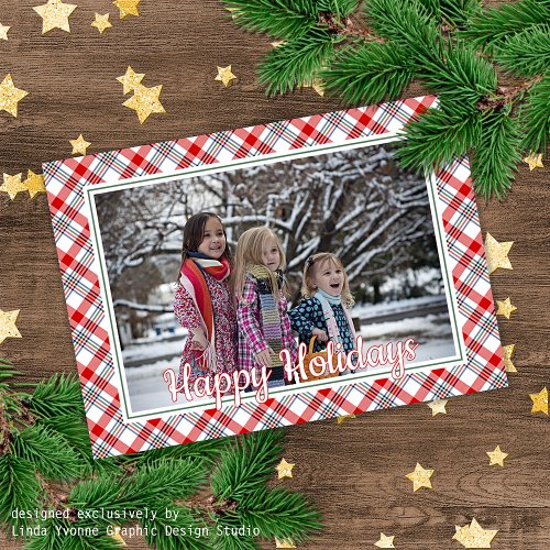 Classic Green Red Blue White Plaid Pattern Holiday Card
