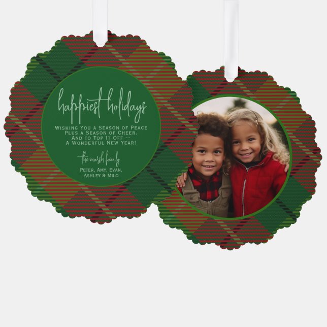 Classic green red plaid - Photo - Happiest Holiday Ornament Card (Front/Back)