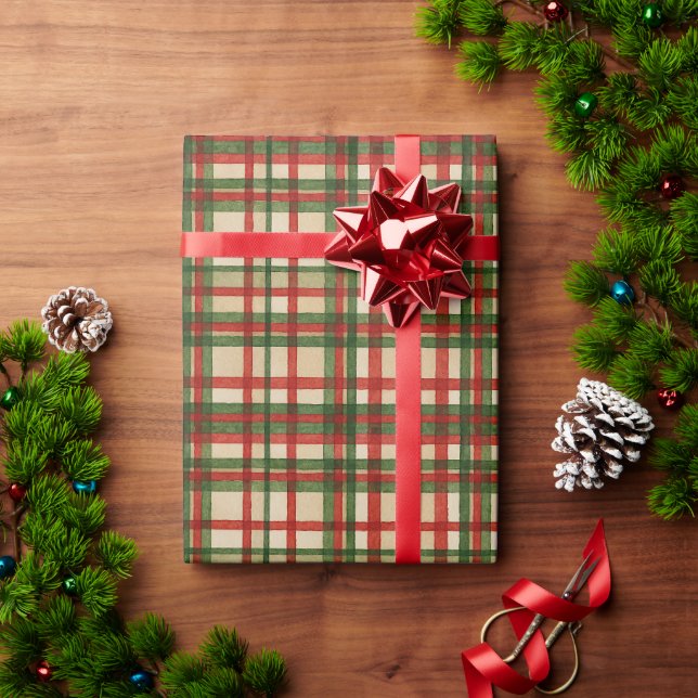 Classic Green Red Watercolor Plaid Art Pattern Wrapping Paper (Holiday Gift)