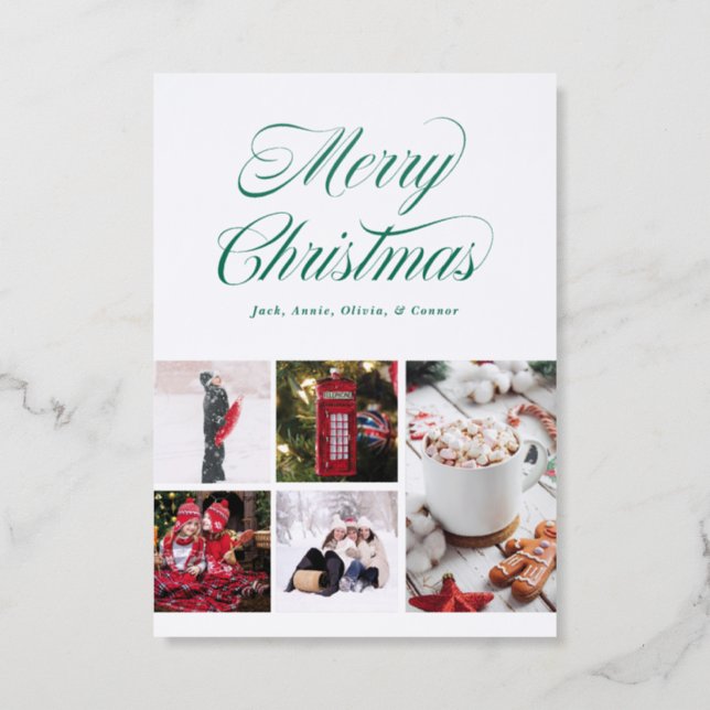 Classic Green Script Merry Christmas Letterpress Photo Cards (Front)