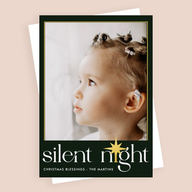 Classic Green Silent Night Christmas Star Photo Foil Holiday Card (Creator Uploaded)
