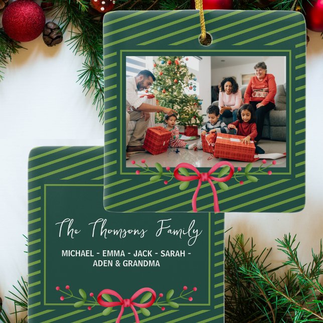 Classic Green Stripe Festive Holiday Family Photo  Ceramic Ornament (Creator Uploaded)