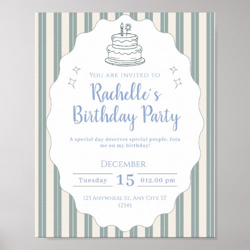 Classic Green Striped Birthday Party Invitation Poster