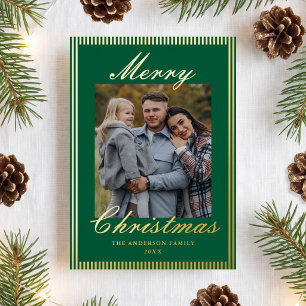 Classic Green Stripes Old Money Christmas Photo Foil Holiday Card