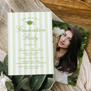 Classic Green Stripes Photo Graduation Party Invitation