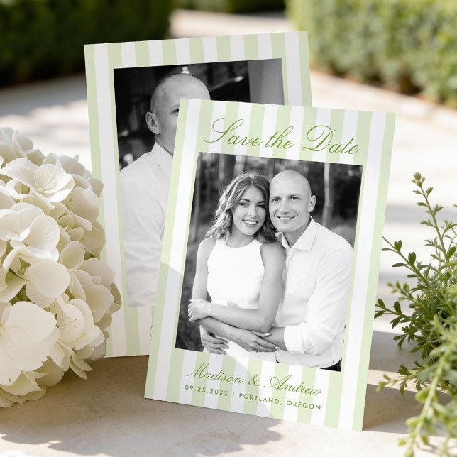 Classic Green Stripes Photo Wedding Save The Date (Creator Uploaded)