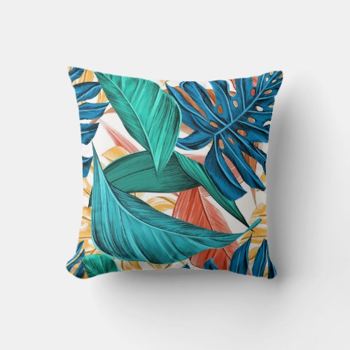 Classic Green Tropical Monstera Jungle Palm Leaf Throw Pillow