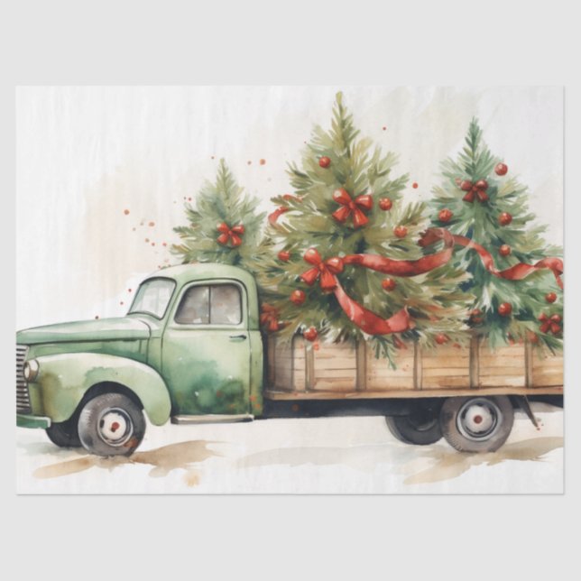 Classic Green Truck with Christmas Pine Trees  Tissue Paper (Front)