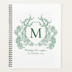 Classic Green Vintage Floral Crest Monogram Planner
