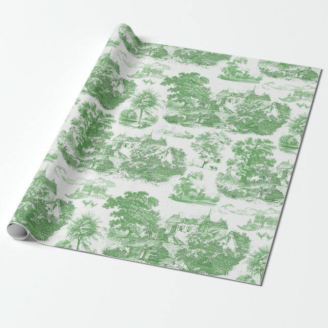 Classic Green Vintage French Chateau Toile Wrapping Paper (Unrolled)